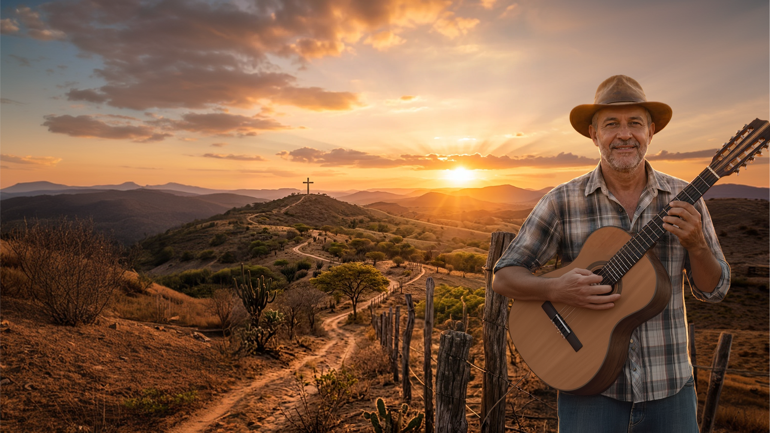 Zé da Glória com a viola ao pôr do sol no sertão
